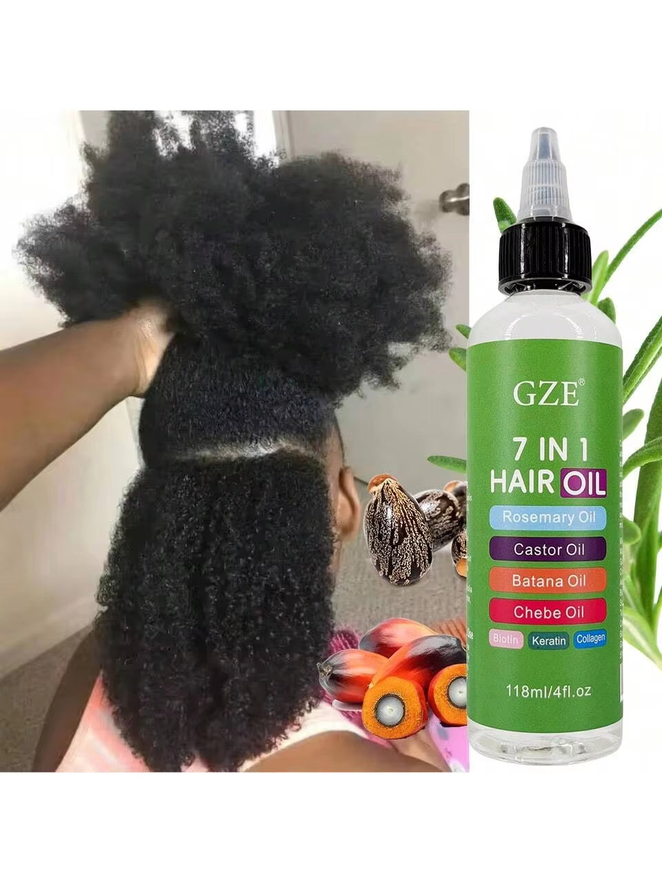 7-IN-1 Hair Oil Enriched with Rosemary Oil Castor Oil Batana Oil Chebe Oil Biotin Keratin Collagen for Hair Strongs, Smoothing