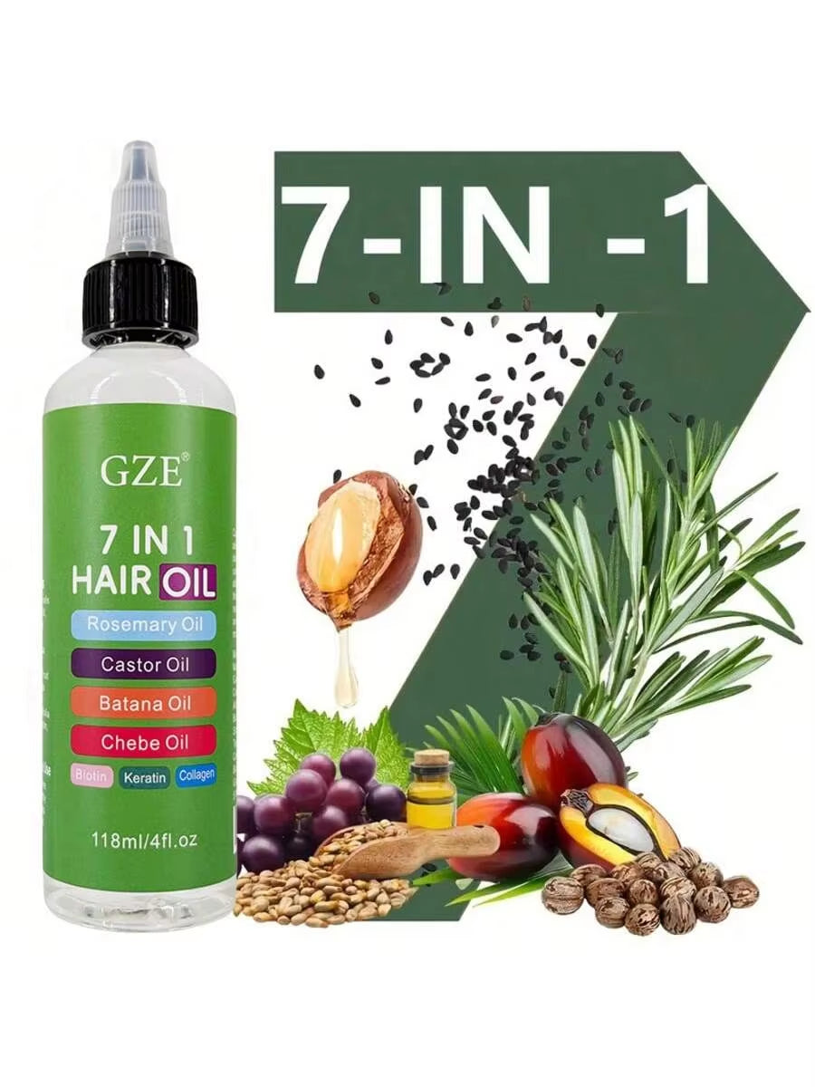 7-IN-1 Hair Oil Enriched with Rosemary Oil Castor Oil Batana Oil Chebe Oil Biotin Keratin Collagen for Hair Strongs, Smoothing